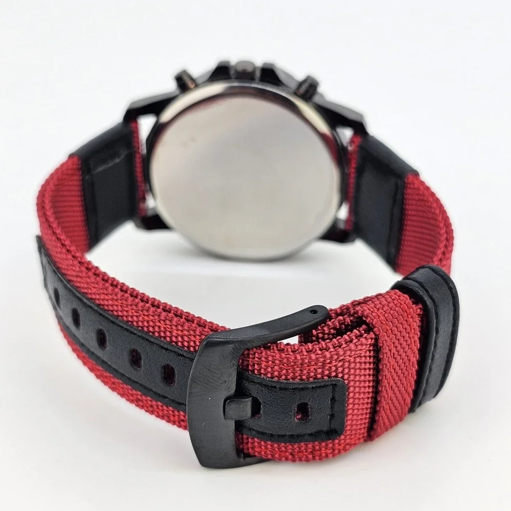 Men's Watch 42MM Black Dial Date Black Red Canvas Band‎ Straps New Battery